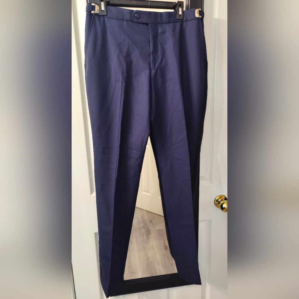 NWOT SUPER 120'S Men's Navy Blue Pants with Black Stripe and Adjustable Waist